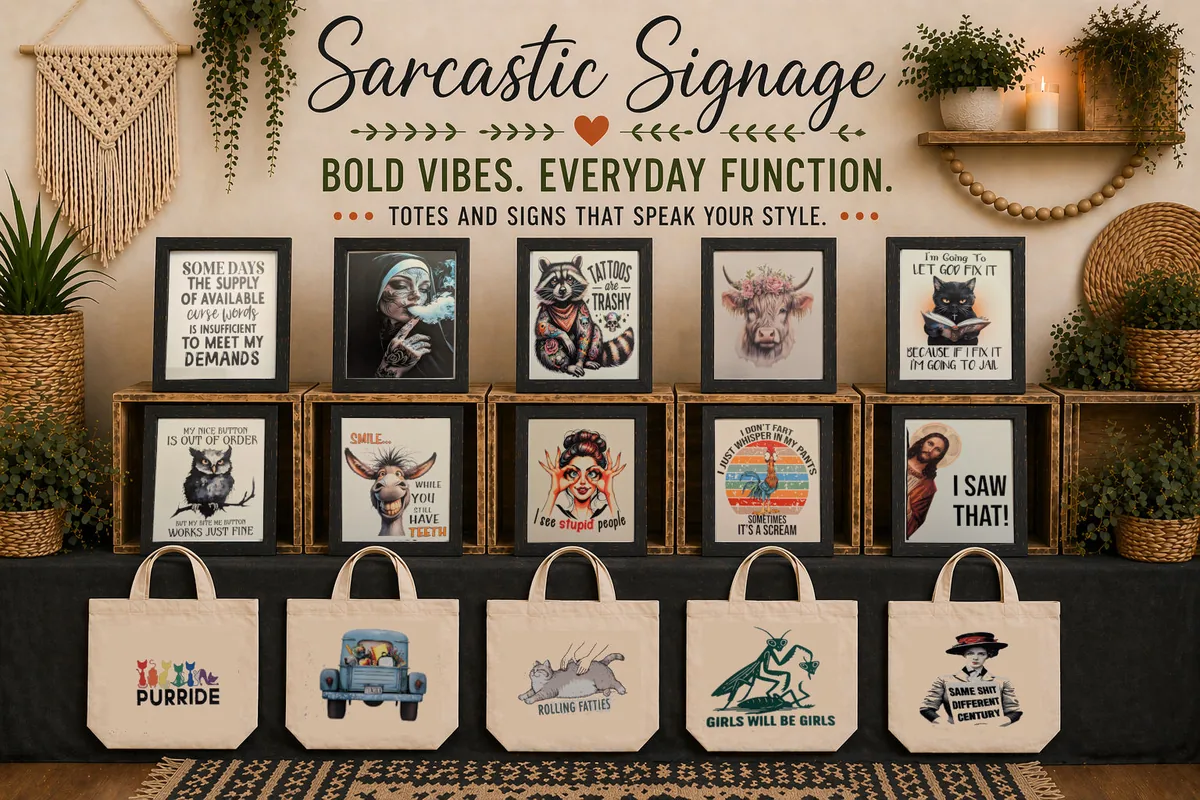 Sarcastic Signage market display with framed signs and tote bags