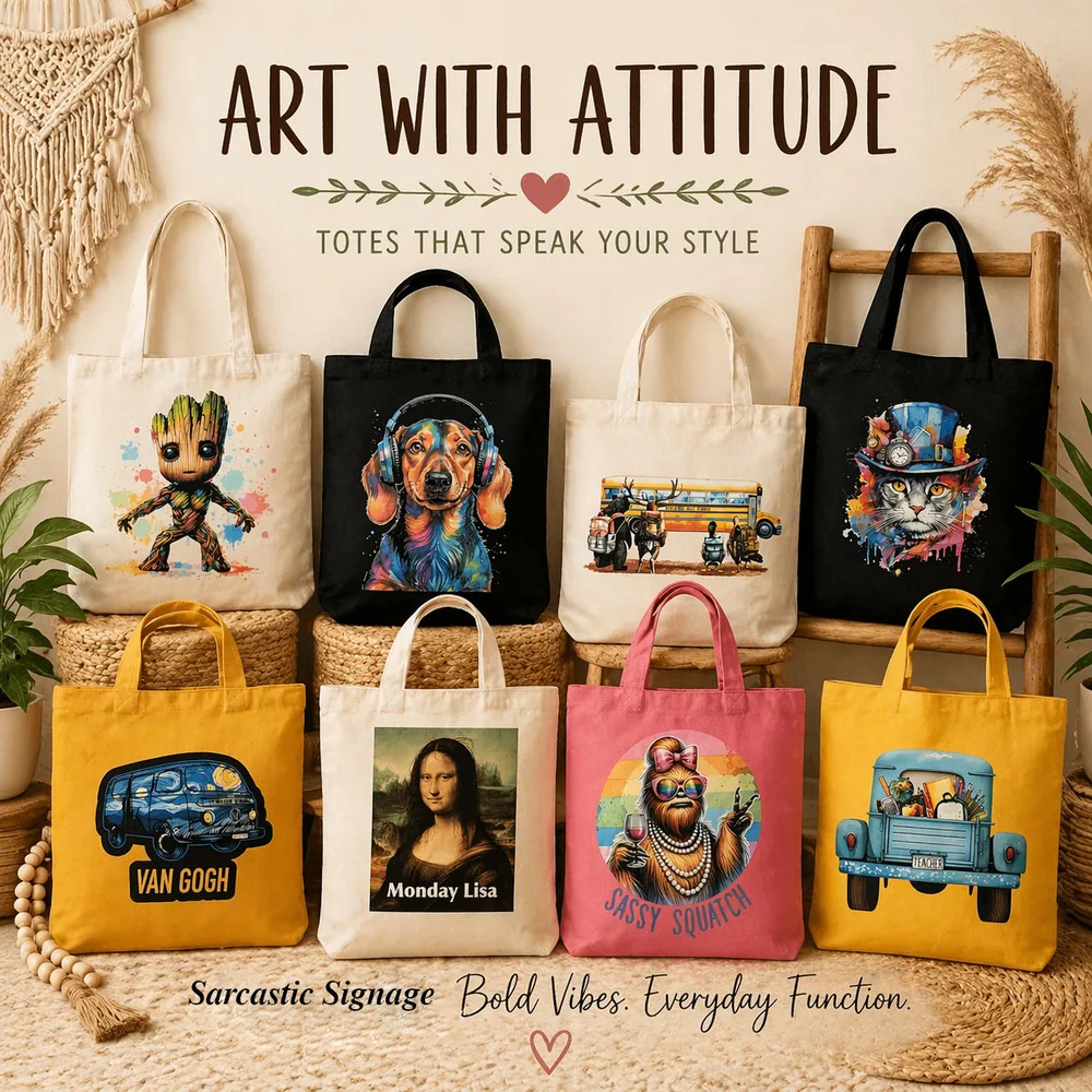 Collection of Sarcastic Signage tote bags in a styled market display